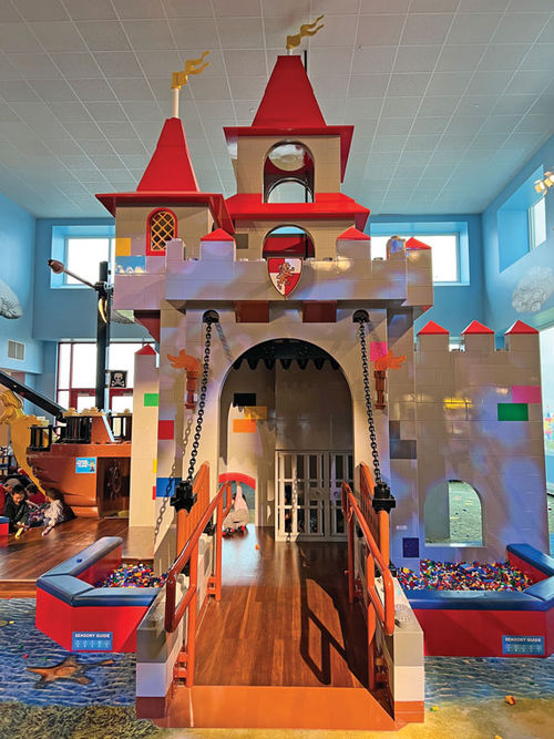 A play structure in the lobby of the Legoland New York hotel provides guests with lunchtime fun.