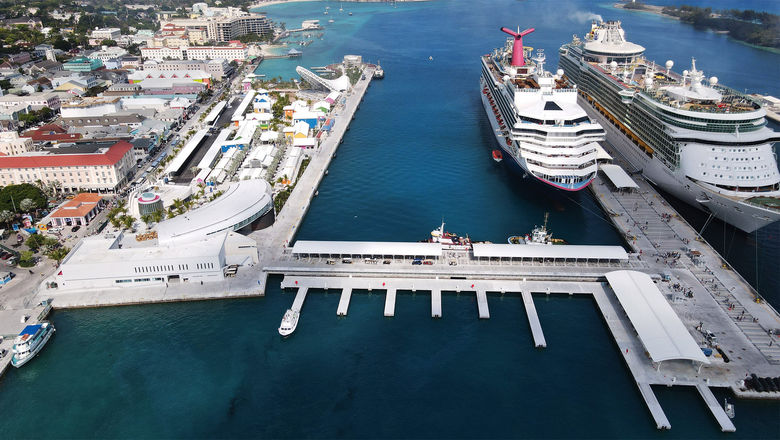 An overhead view of the redeveloped Nassau Cruise Port with new retail, amphitheater and food and beverage outlets on the left.