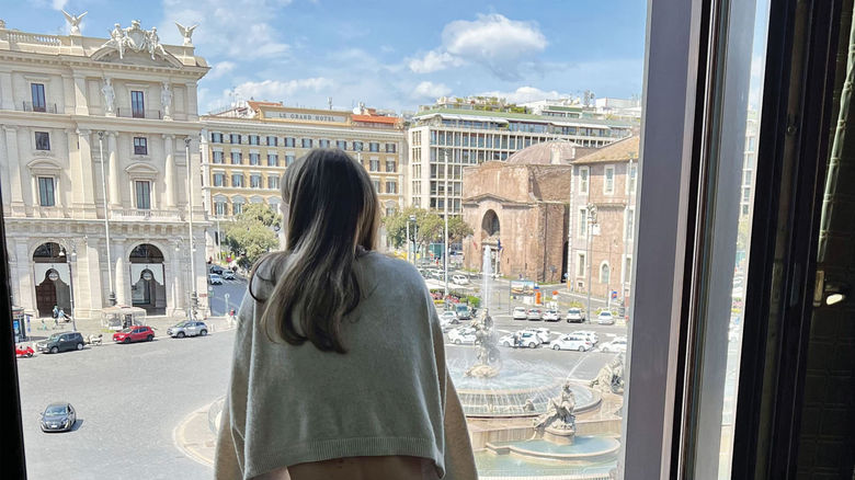 The writer's daughter at the Anantara Palazzo Naiadi Rome Hotel, which faces the Fountain of the Naiads in the Piazza Della Repubblica.