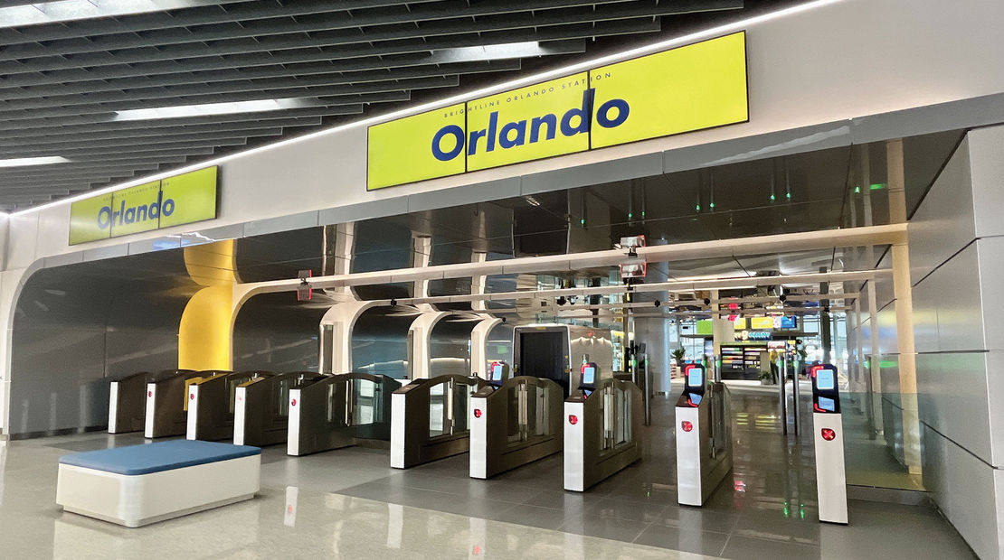 Inside the new Brightline Orlando train station at Orlando International Airport.