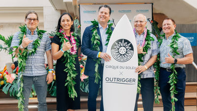 Officials gathered at the Outrigger Waikiki Beachcomber Hotel on Monday to announce that the hotel will be hosting a resident Cirque du Soleil show beginning late next year. From left, Simon Painter, creative director at Cirque du Soleil; Makanani Sala, director of the Honolulu Mayor's Office of Culture and the Arts; Eric Gully, president of resident and affiliate shows at Cirque du Soleil; Honolulu mayor Rick Blangiardi; and Jeff Wagoner, president and CEO of Outrigger Hospitality Group