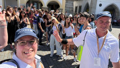 For one of the race challenges, teams had to conscript a group of locals for a group picture. Whoever found the biggest group got the points. Dispatch writer Robert Silk is on the right. Travel advisor Eve Primeau took the selfie.