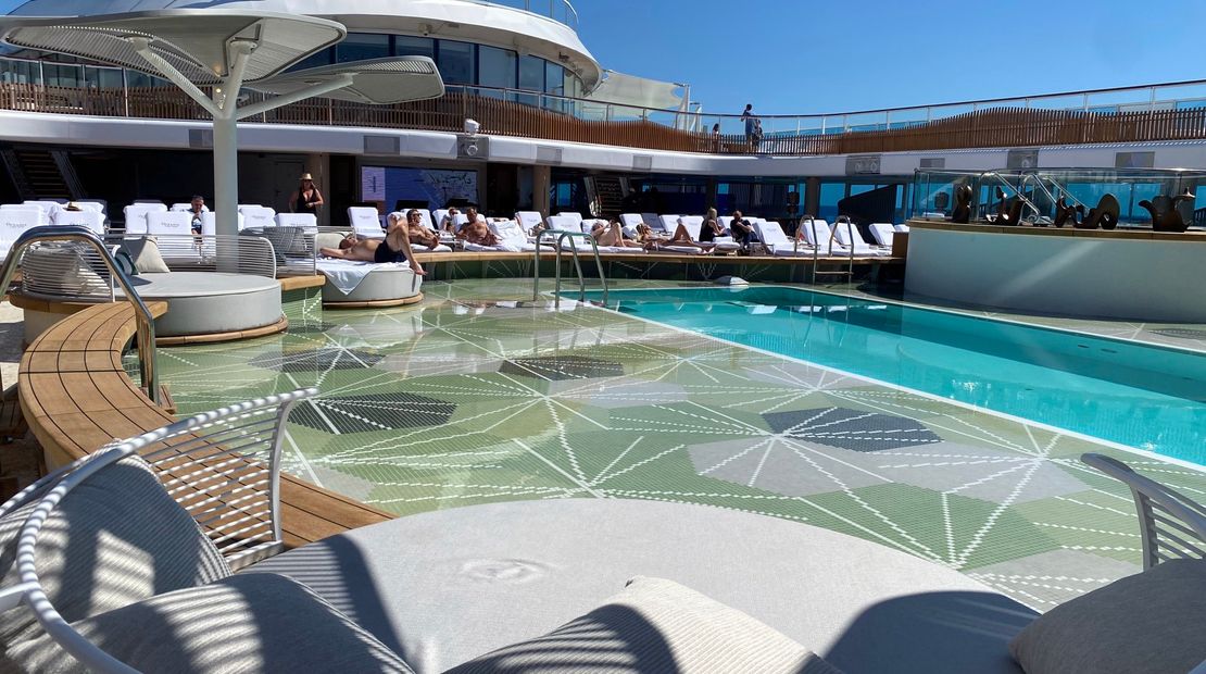 The pool deck on Oceania's Vista has a large tanning ledge where guests can walk, sit or sunbathe.