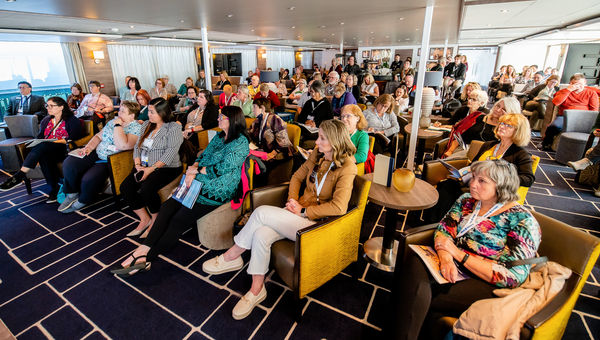 Educational sessions were held for travel advisors onboard the river ships docked in Budapest for ASTA's 2023 River Cruise Expo.