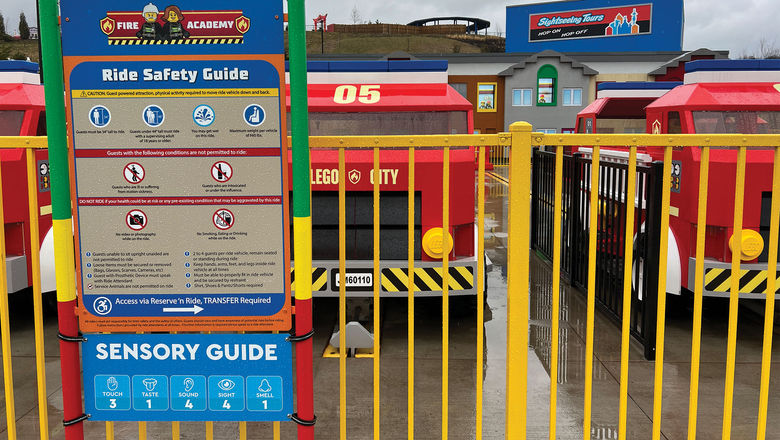A sign at Legoland New York's Fire Academy attraction shows its sensory guide for families with autistic children.