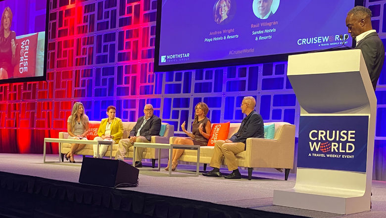 The Pitch Perfect: Multigenerational travel panelist, seated from left: Isabelle Bujold of Club Med; Marilyn Cairo of Karisma Hotels & Resorts; Francis Riley of Margaritaville at Sea, Andrea Wright of Playa Hotels & Resorts and Raul Villagran of Sandos Hotels & Resorts.
