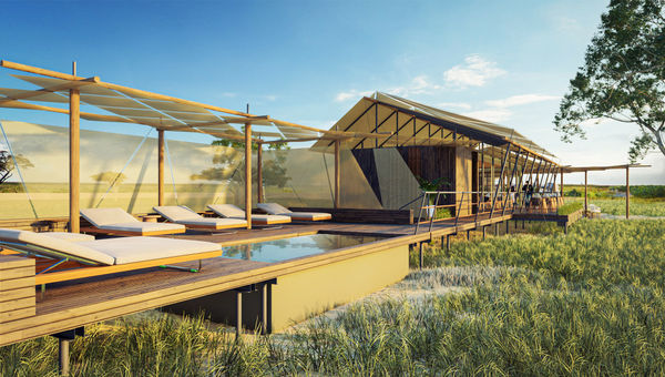 Rendering of the main lodge at the Wilderness Mokete tented camp.