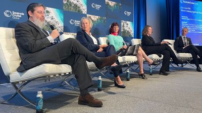 At Seatrade Cruise Global's River Cruising Spotlight panel (from left): Matthew Shollar, Transcend Cruises; Cindy D’Aoust, American Queen Voyages; Jennifer Halboth, Riverside Luxury Cruises; Janet Bava, AmaWaterways; and moderator Gabriele Bassi, Cruising Journal.