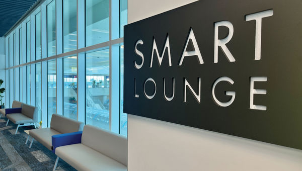 The Smart Lounge at the Brightline Orlando station features leather seats with built-in charging stations and is free for ticketed travelers to use.