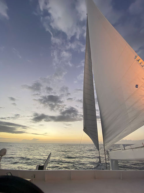 The sun sets as the five-mast Club Med 2 sails in the Eastern Caribbean.