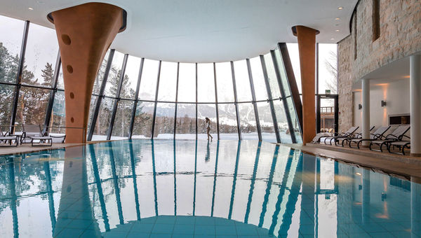 The Wellness Pool at the Grand Hotel Kronenhof, part of the hotel's expansive spa that also features saunas, a saltwater grotto and a stone cavern steam bath.