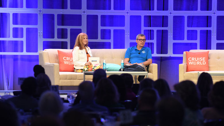 Vicki Freed, Royal Caribbean's senior vice president of sales, trade support and service, and Michael Bayley, the line's CEO, during their conversation at Travel Weekly's CruiseWorld 2022 on Thursday.