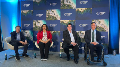 Travel Weekly editor in chief Arnie Weissmann, left, moderated a panel that discussed creating, booking and operating an accessible travel experience at Seatrade Cruise Global this week. Panelists included, left to right, Henna Sheikh, operations manager, Accessible Travel Solutions; Royal Caribbean Group's Ron Pettit, director of disability, inclusion and Americans with Disabilities Act compliance; and John Sage, CEO of Sage Traveling.