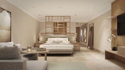 A rendering of a guestroom at the Grand Velas Boutique Los Cabos, which is set to open later this year.
