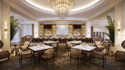 A rendering of the Waldorf Astoria Orlando's updated Peacock Alley lobby restaurant space.