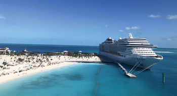 A view of the MSC Divina from the lighthouse on MSC's Ocean Cay private island.
